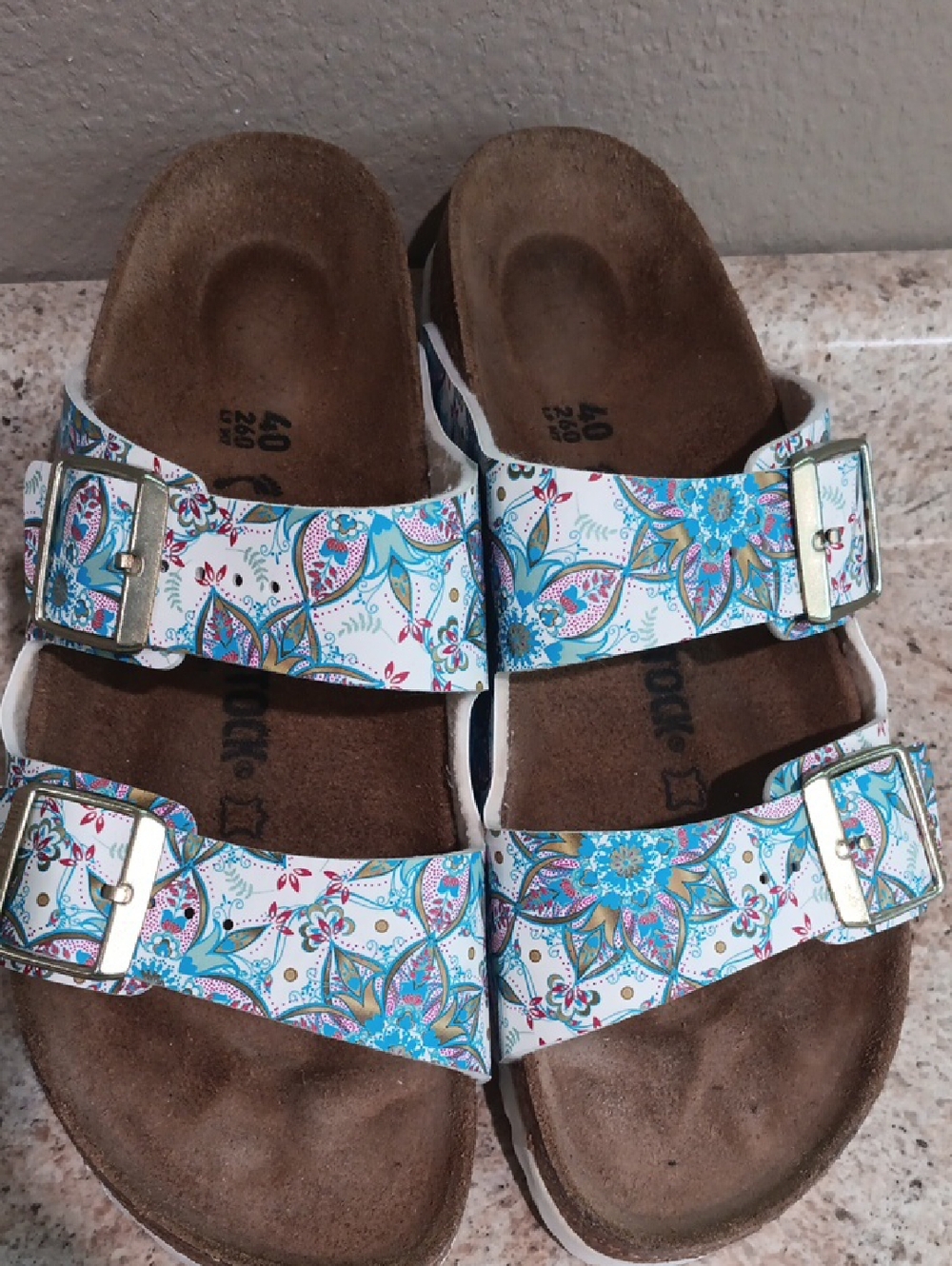 Birkenstock Arizona Floral Boho Print White Teal Sandals W-9 - Picture 3 of 7